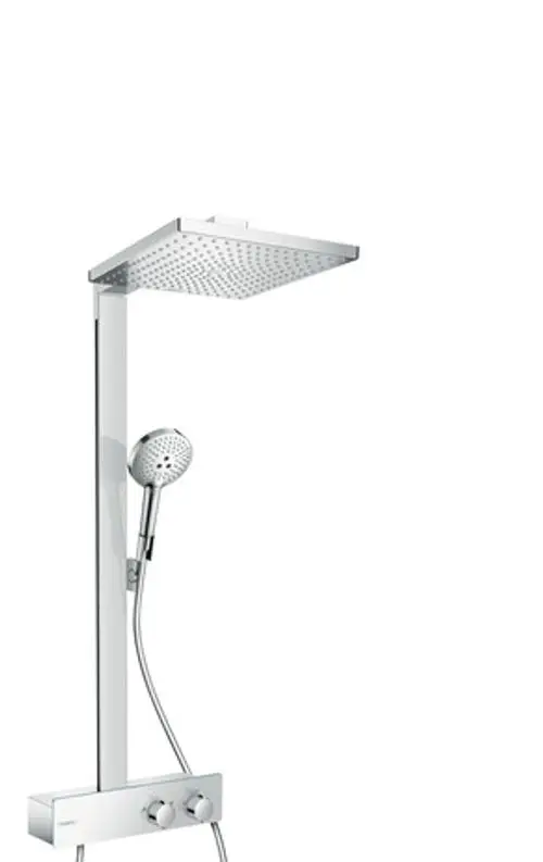 Hansgrohe Duschsystem mit Kopfbrause und Handbrause, montiert an einer senkrechten Säule. Steuerung über ein Bedienfeld mit zwei Drehreglern.